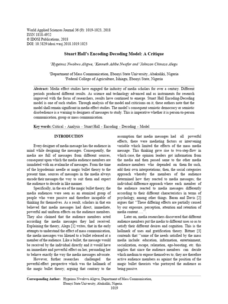 Stuart Hall S Encoding Decoding Model A | PDF | Communication | Semiotics