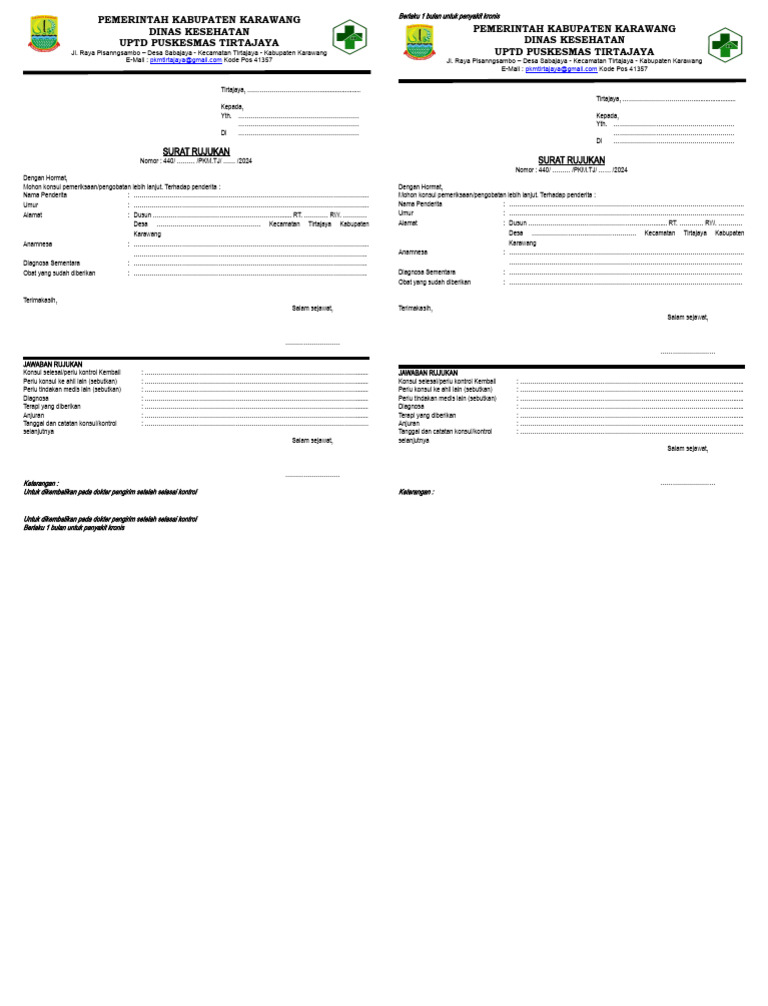 Surat Rujukan Medis Puskesmas Tirtajaya | PDF