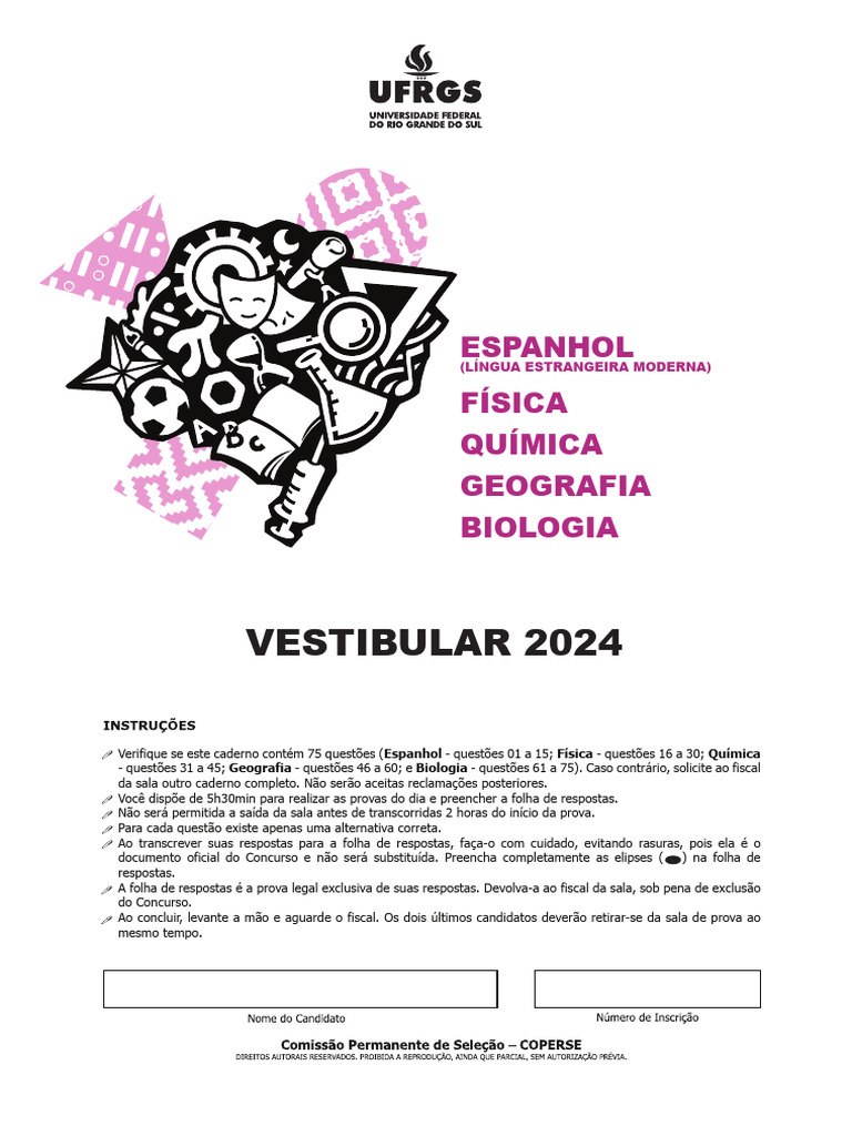 UFRGS 2024 Prova Dia 02 Espanhol Fisica Quimica Geografia Biologia ...