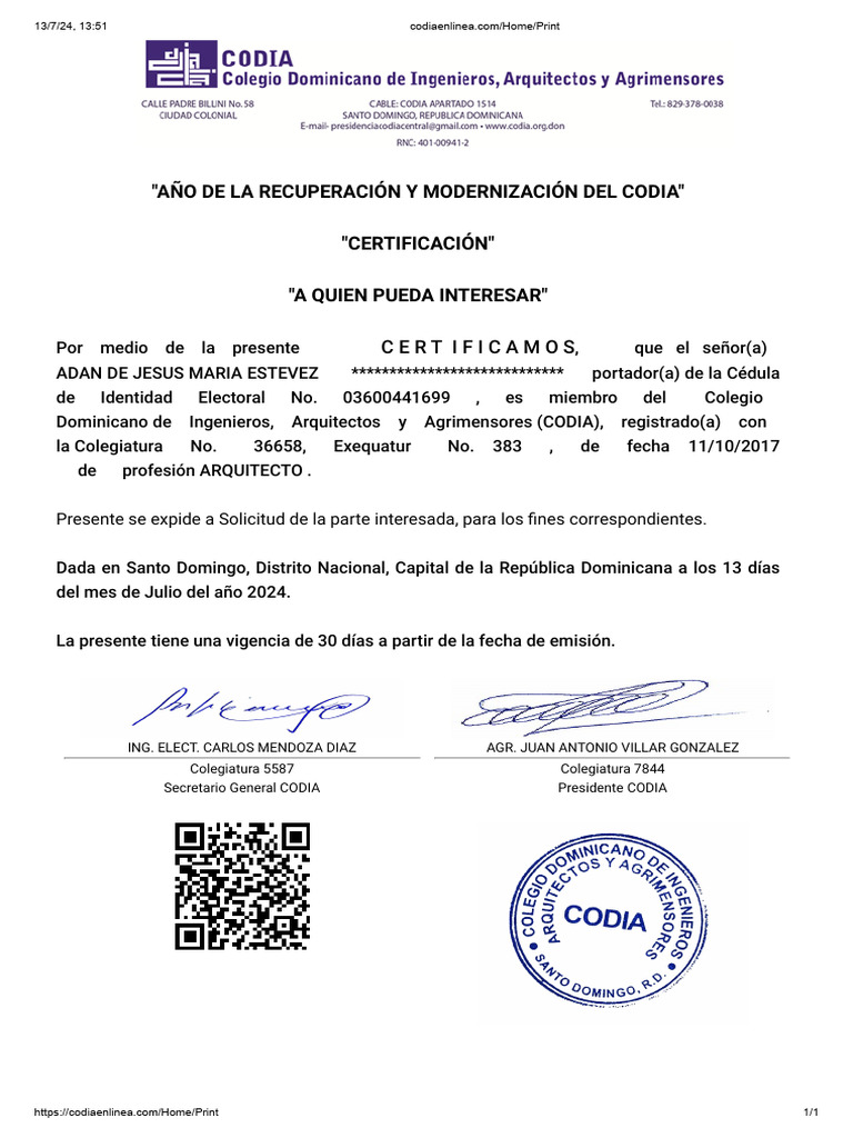 Certificación CODIA Arquitecto 2024 | PDF | Política | Hogar ...