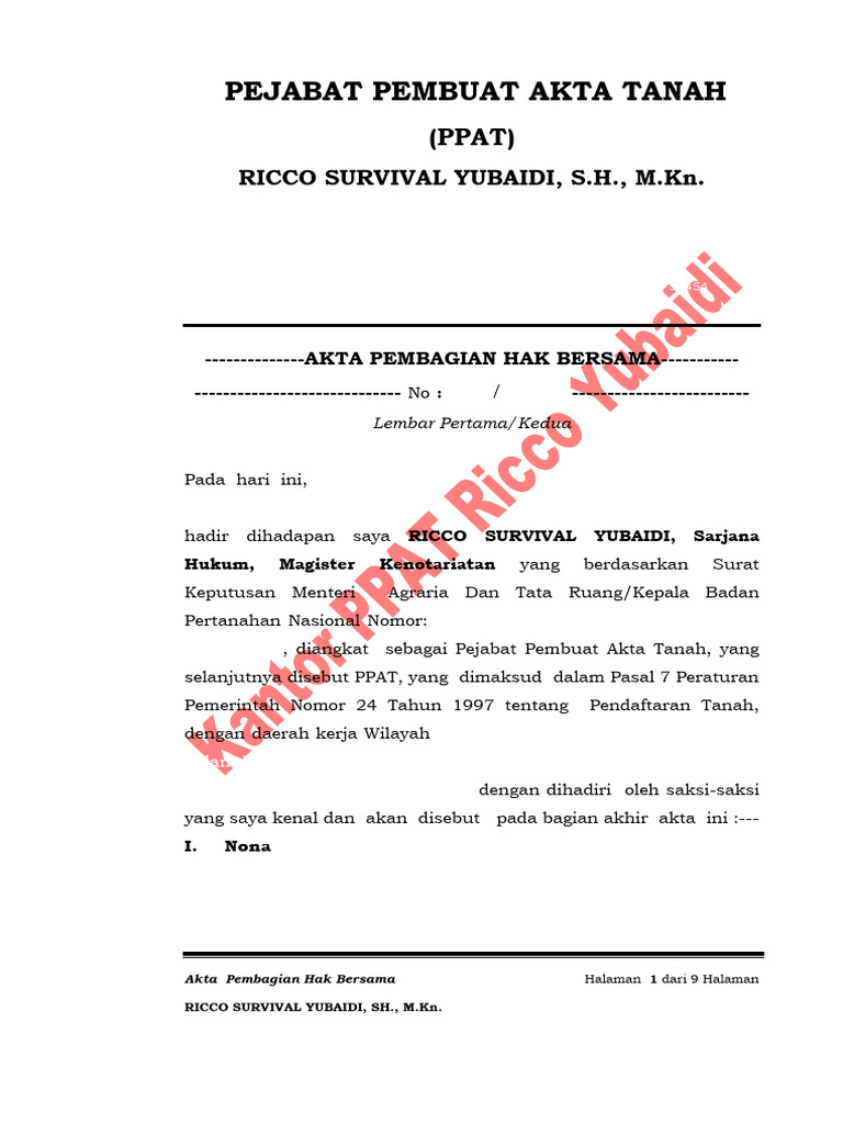 Contoh Akta Pembagian Hak Waris | PDF