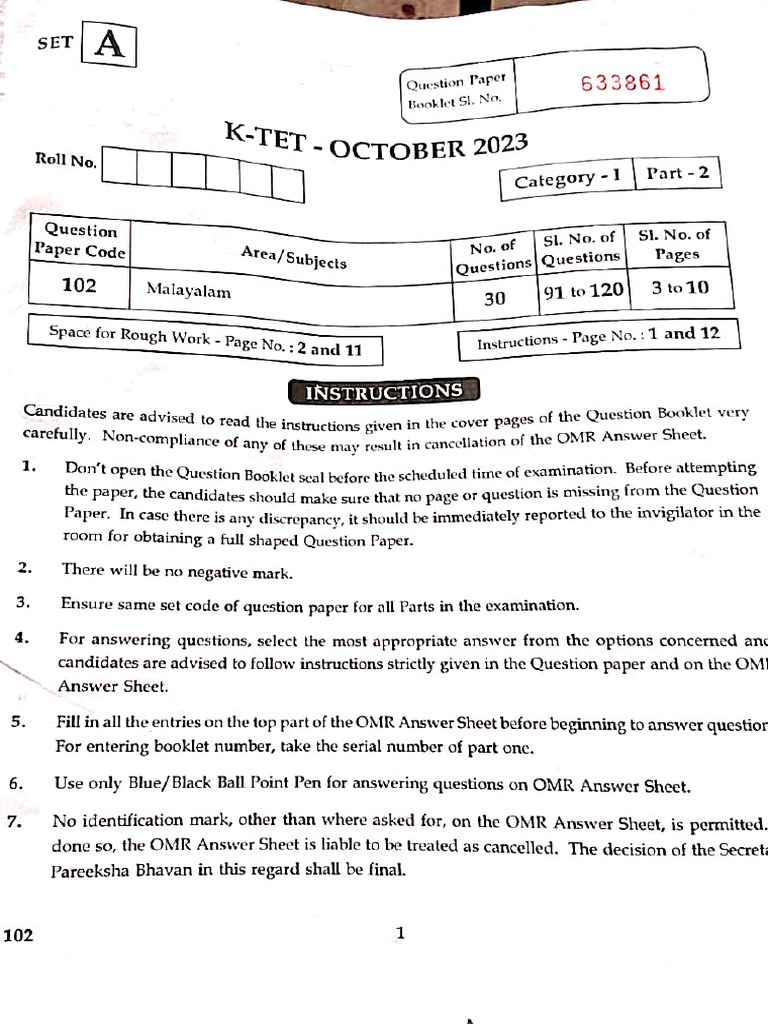 Ktet Category 1 Malayalam Answer Key October 2023 Pdf