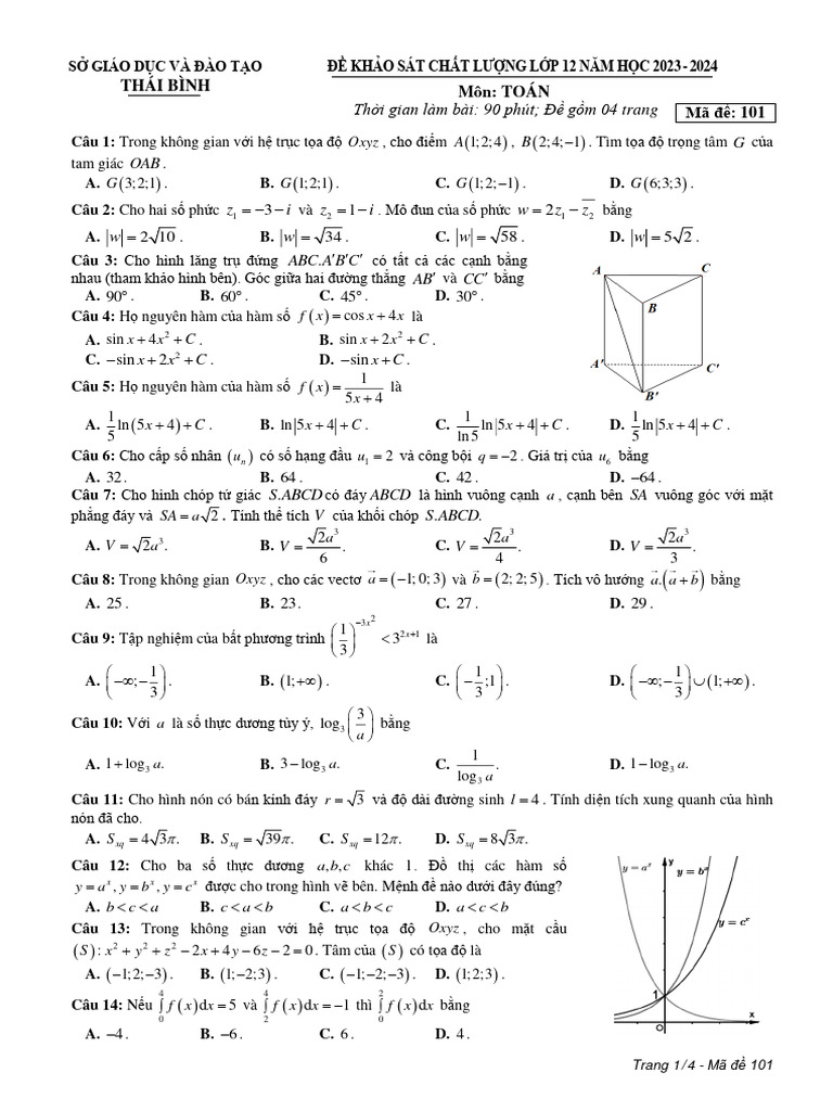 De Khao Sat Chat Luong Toan 12 Nam 2023 2024 So Gddt Thai Binh Pdf