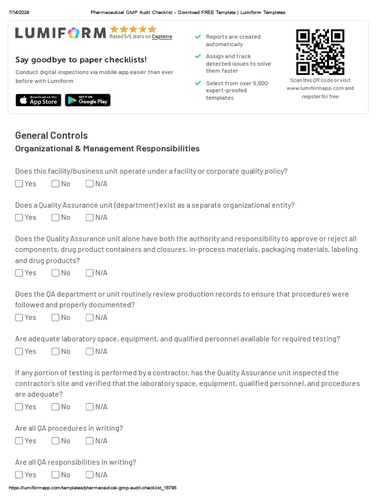 Pharmaceutical GMP Audit Checklist Template | PDF | Verification And ...