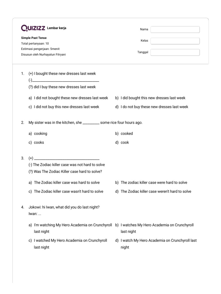Quiz Simple Past Tense Quizizz Download Free Pdf Morphology