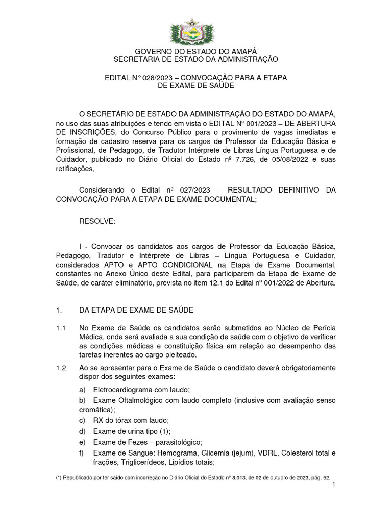 Convocação para Exame de Saúde - Edital 028/2023 | PDF