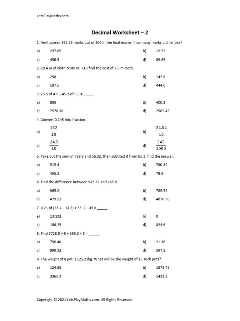 Decimals Worksheet 2 Pdf Mathematics Arithmetic