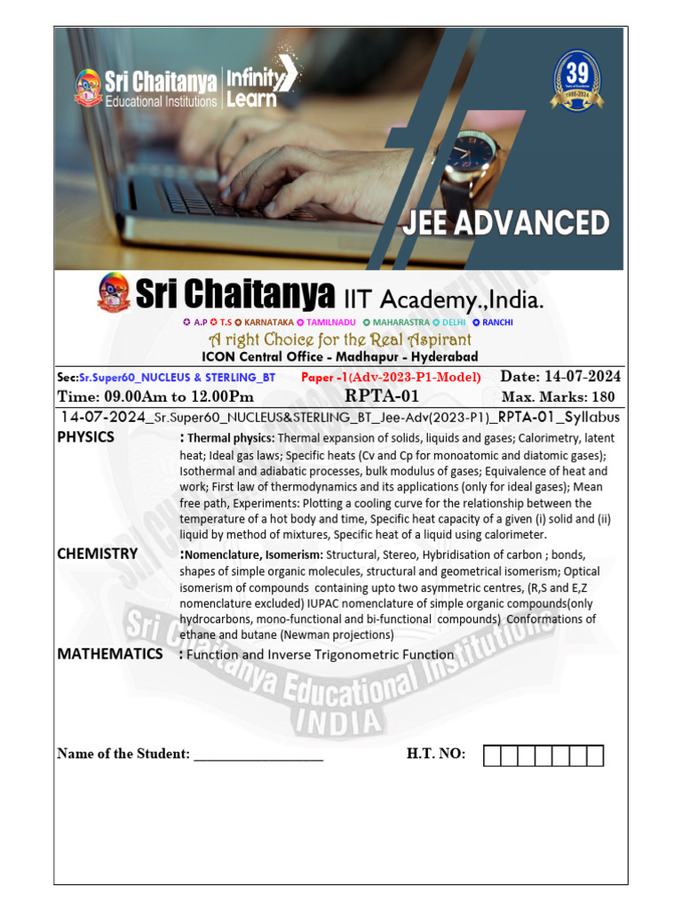 JEE Advanced 2023 Paper 1 Model Test | PDF | Function (Mathematics) | Heat