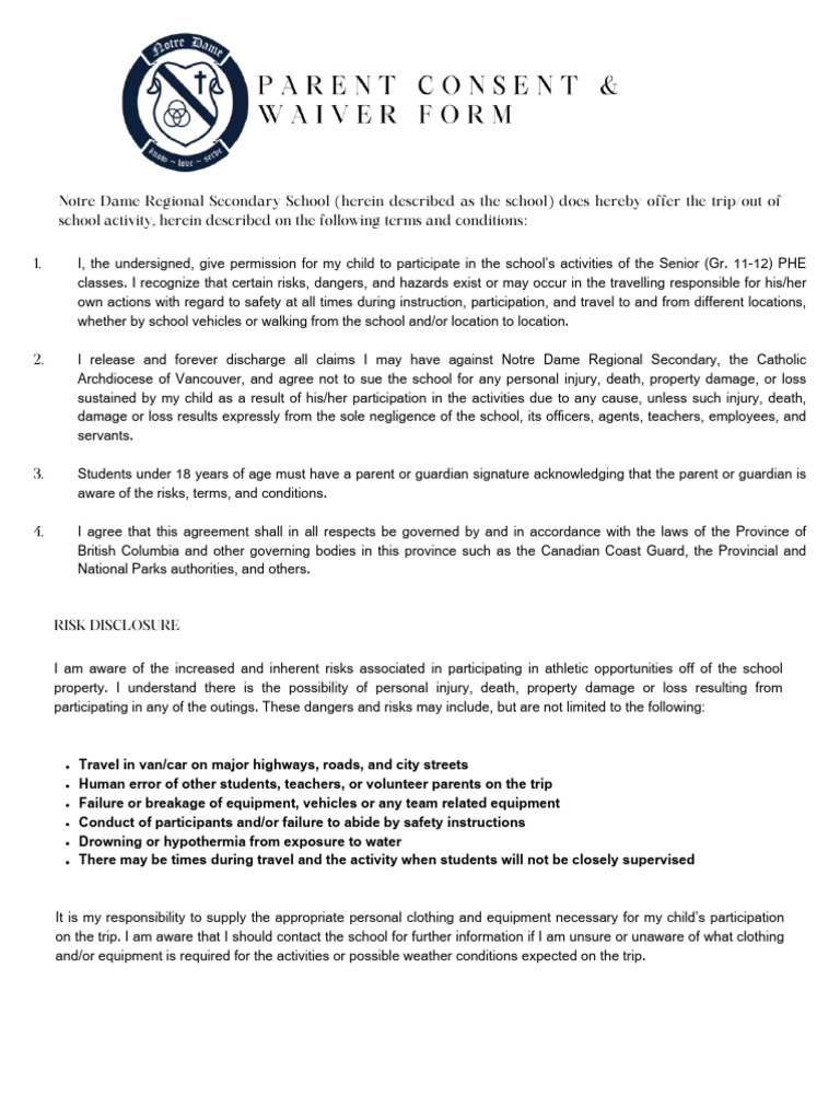Parent Consent & Waiver Form | PDF | Hypothermia