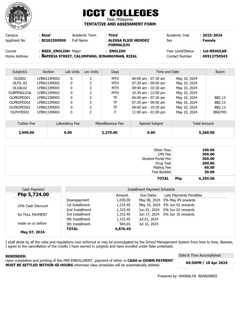 Tentative and Assessment Form | PDF | Money