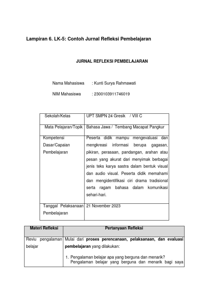 Jurnal Refleksi Pembelajaran Bahasa Jawa | PDF | Karier & Perkembangan ...