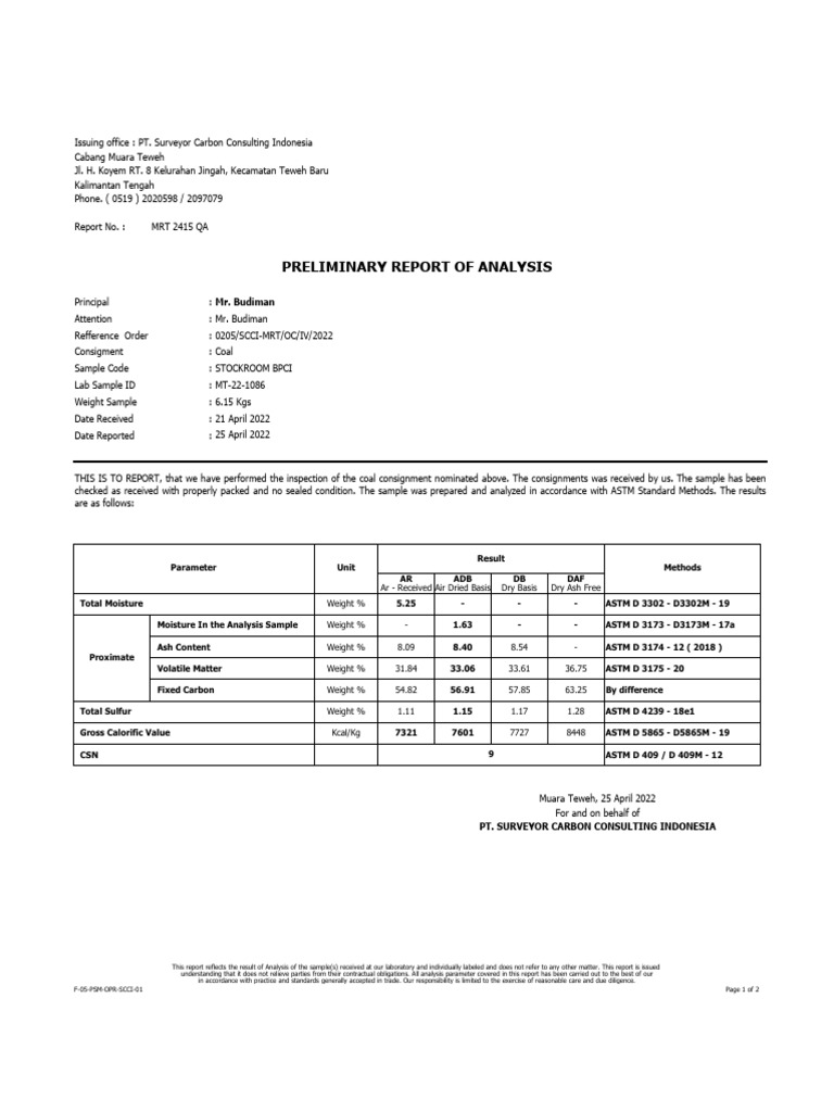 Coal Quality Analysis Report MRT 2415 | PDF