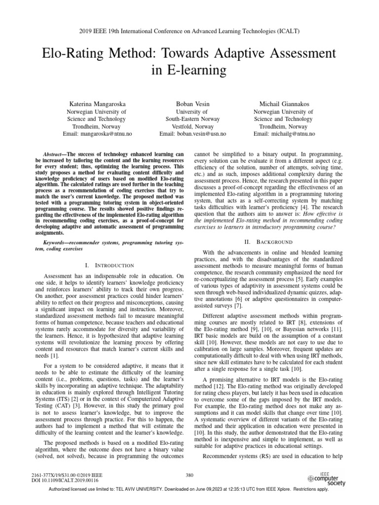Adaptive Assessment via Elo-Rating | PDF | Learning | Computer Programming