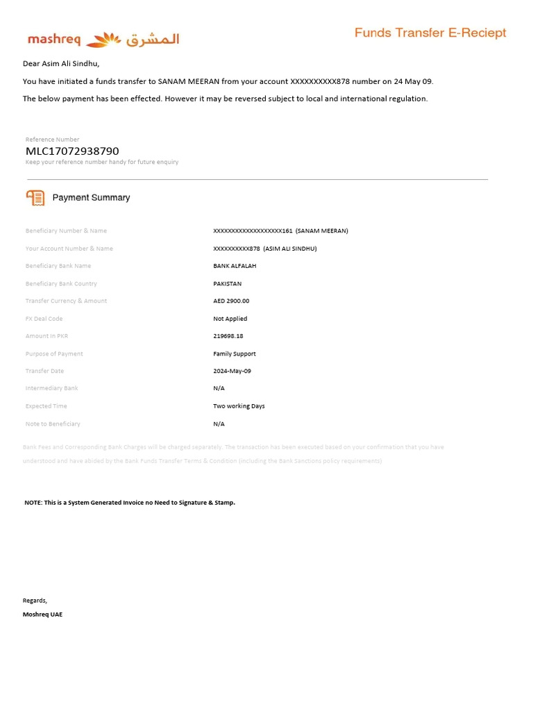 Mashreq Funds Transfer Confirmation | PDF | Finance & Money Management