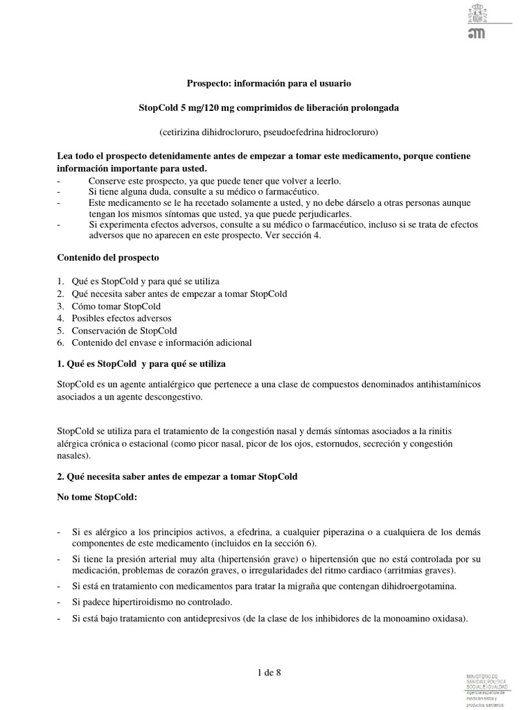 Prospecto StopCold | PDF | Medicamentos con receta | Efecto adverso