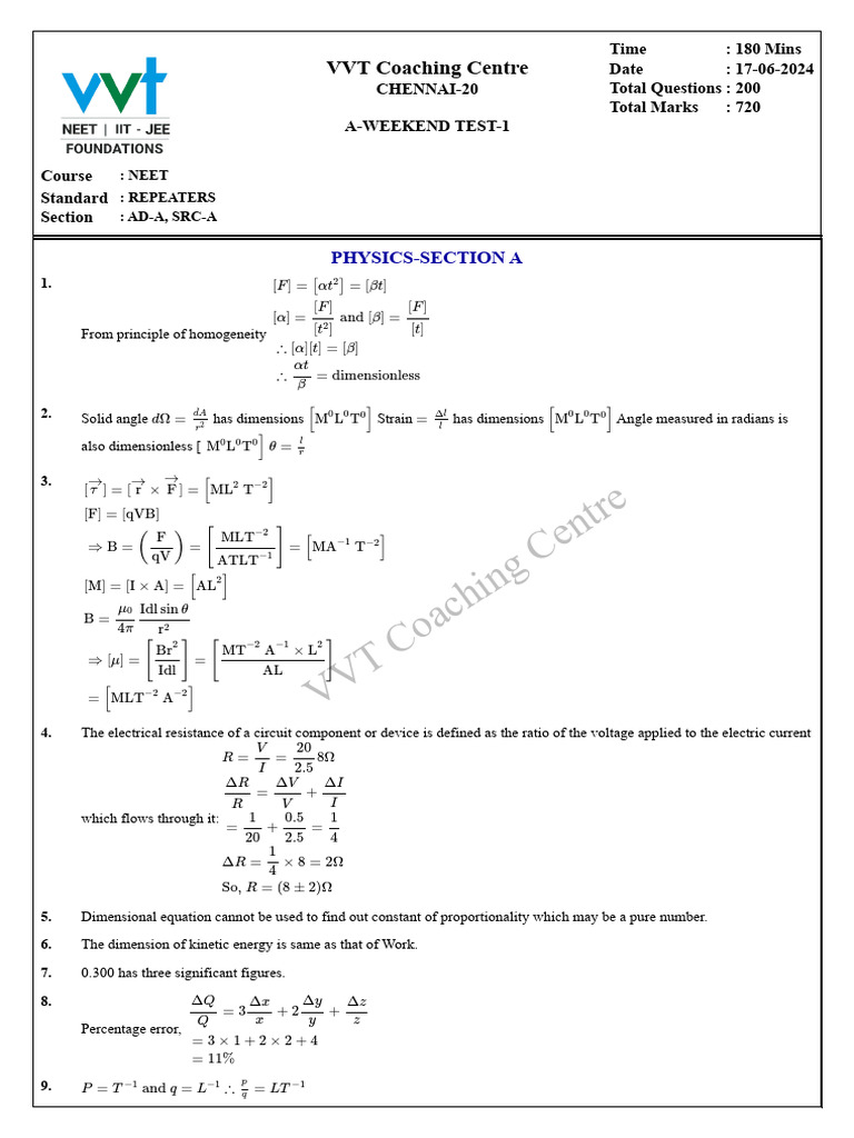 NEET Physics Weekend Test 1 Guide | PDF | Chloroplast | Ion
