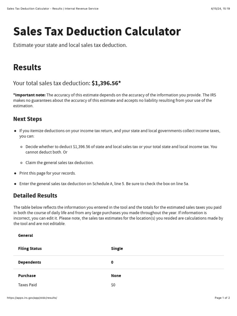 Sales Tax Deduction Calculator Download Free PDF Internal Revenue Service Taxes