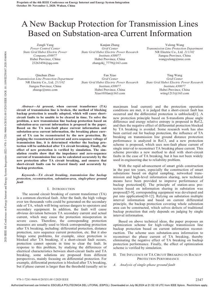 A New Backup Protection For Transmission Lines Based On Substation-Area ...
