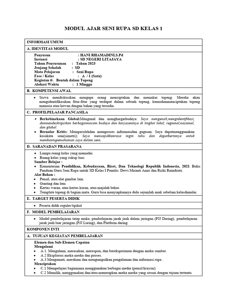Membuat Topeng Seni Rupa Kelas 1 SD | PDF | Karier & Perkembangan | Seni