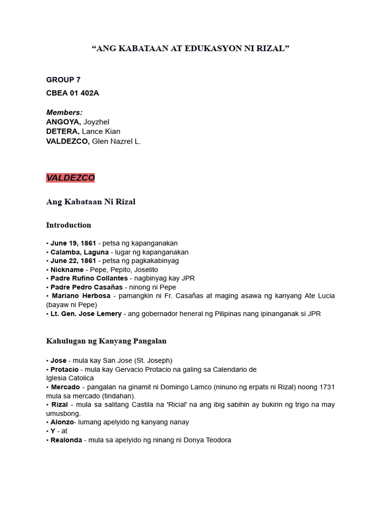 GROUP 7 - 402A - Written Report - Ang Kabataan at Edukasyon Ni Rizal | PDF