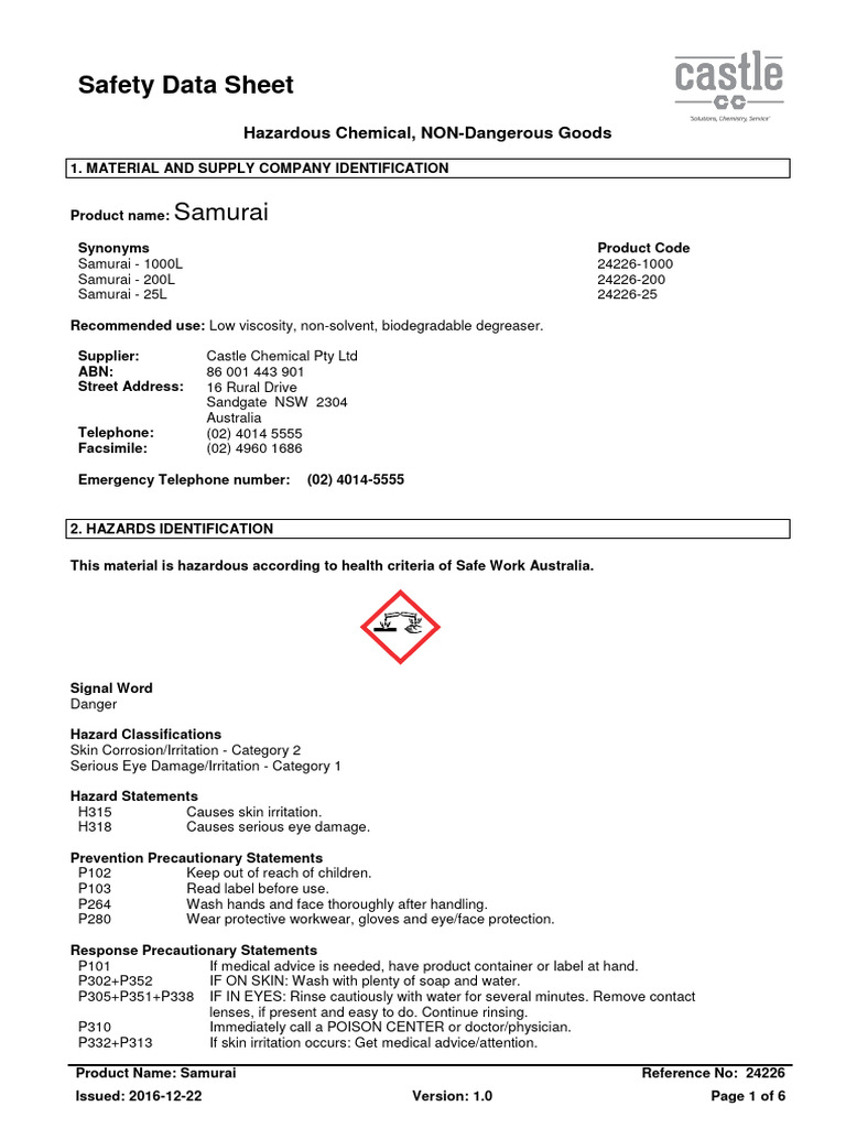 Samurai-SDS | PDF | Toxicity | Personal Protective Equipment
