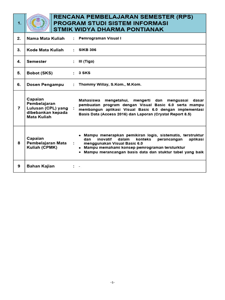 RPS Pemrograman Visual I STMIK | PDF