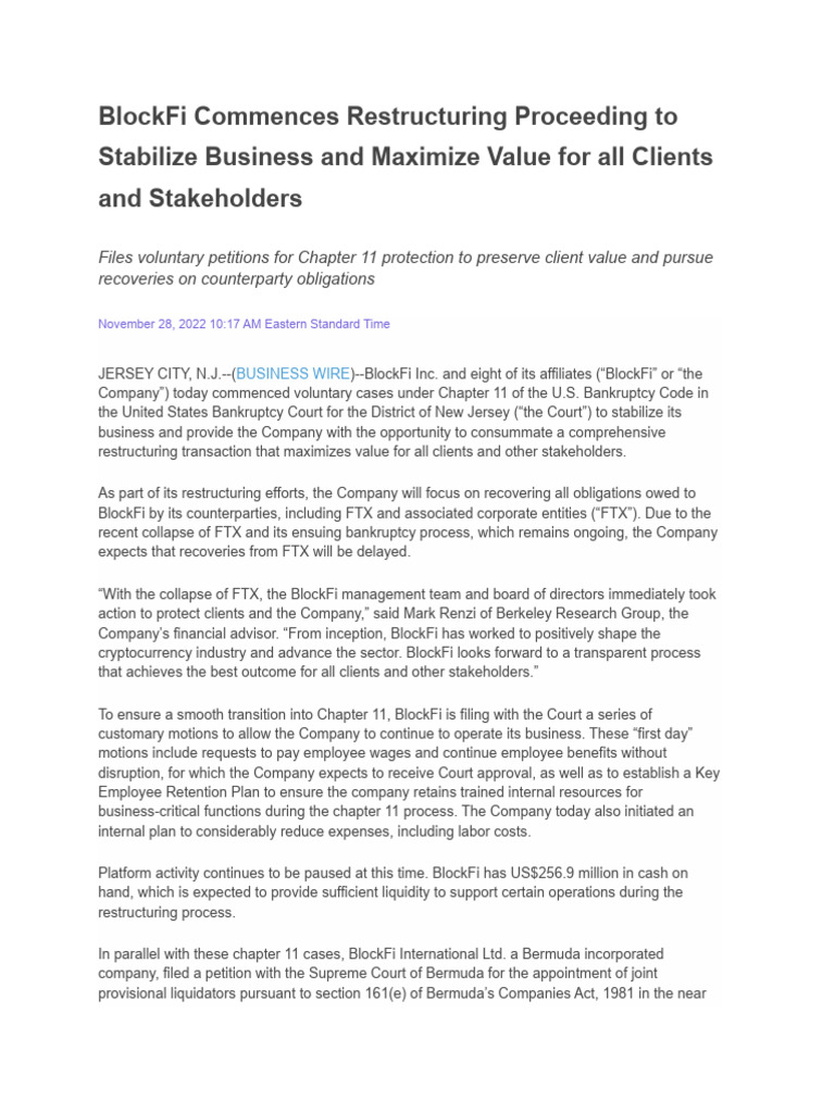 BlockFi Files for Chapter 11 Bankruptcy | PDF | Chapter 11 | Bankruptcy