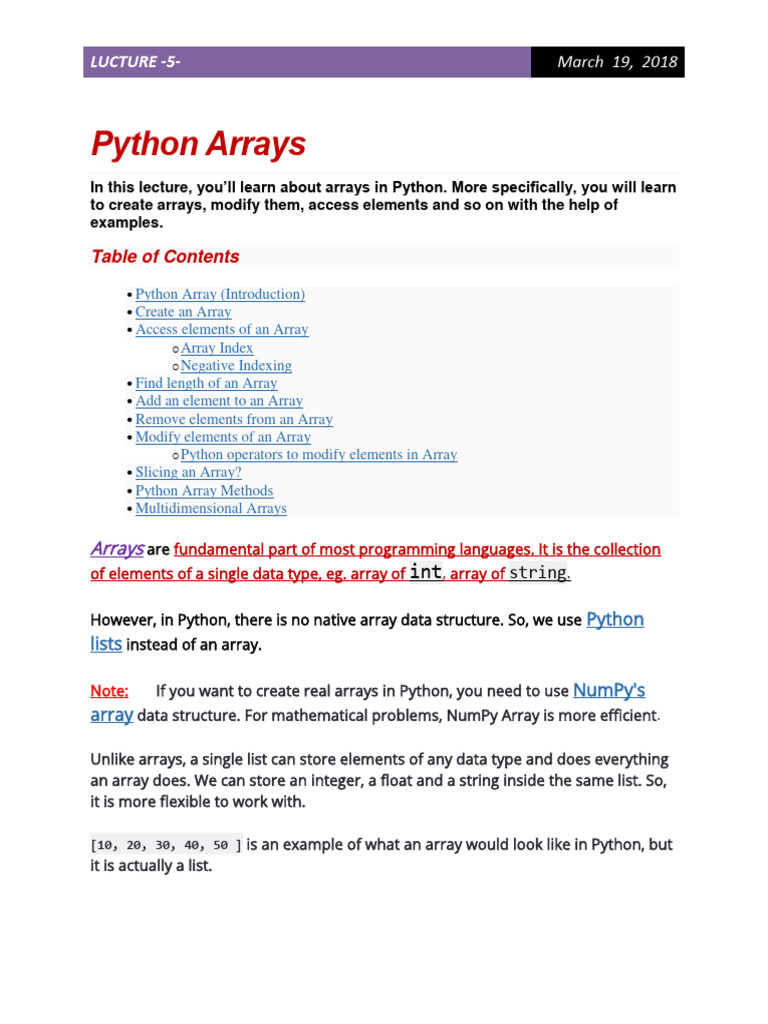 Python Arrays: Creation and Manipulation | PDF | Computing | Computer ...