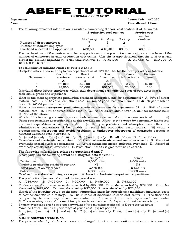 Cost Accounting Overhead Analysis Guide | PDF | Overtime | Cost Of ...
