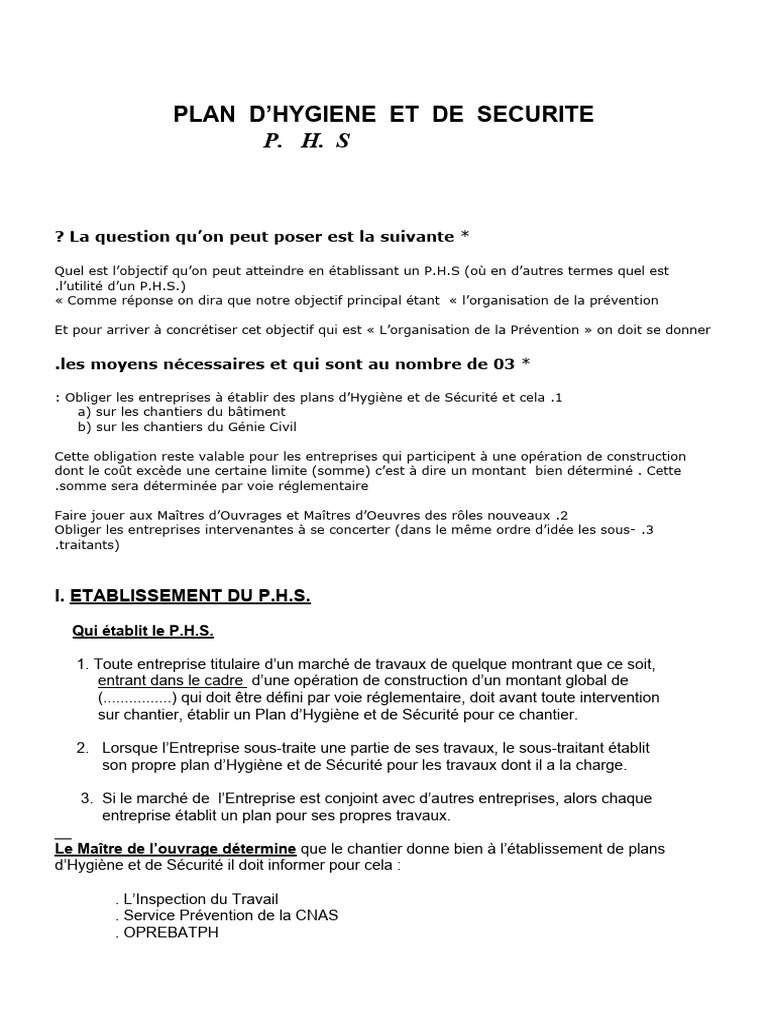 Plan d'Hygiène et de Sécurité (P.H.S) | PDF | Sécurité | Business
