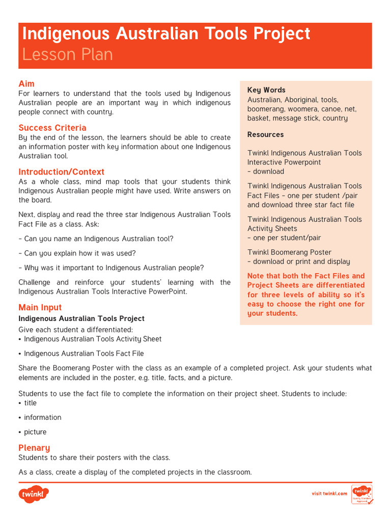 Au G 338 Indigenous Australian Tools Project Lesson Plan English | PDF ...