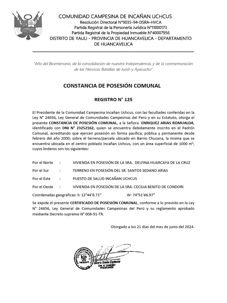 Constancia De Posesion Municipal