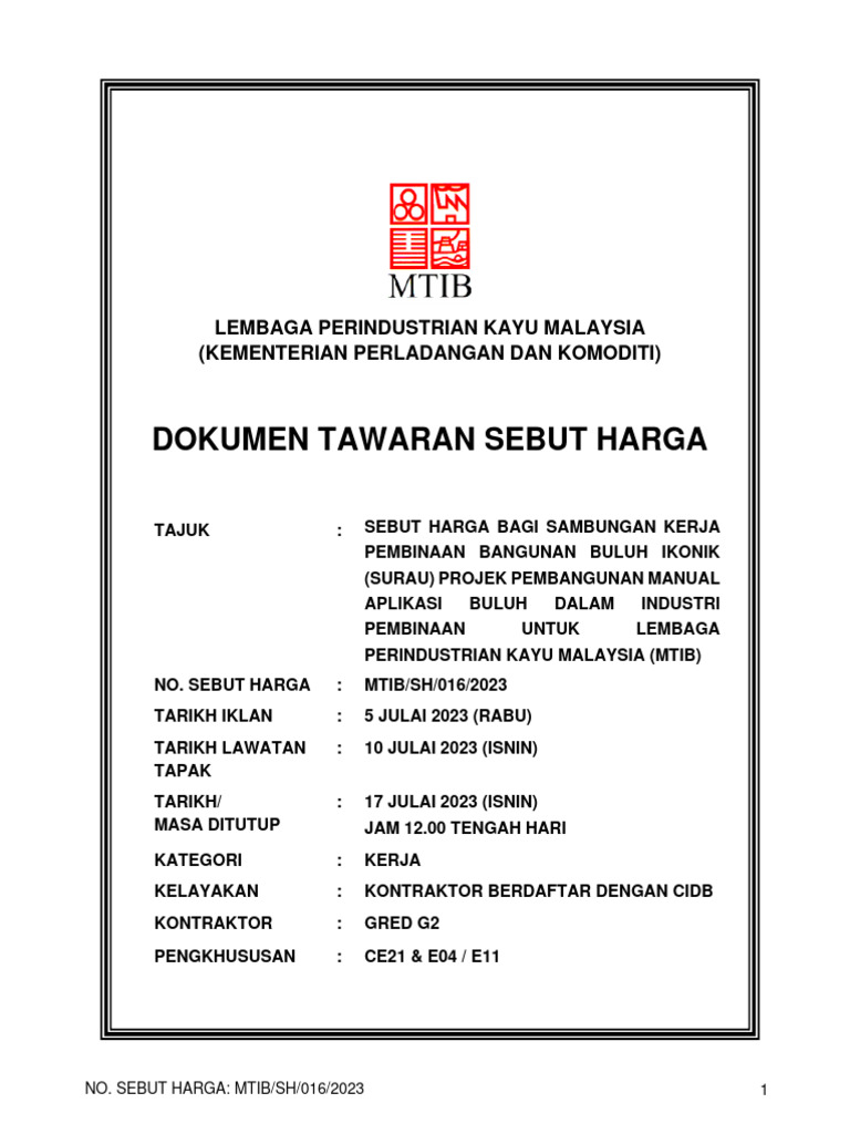 Sebut Harga Pembinaan Surau Buluh | PDF
