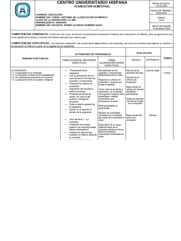 Planeación Historia de La Educ. en Mexico. Sabatino | PDF | Evaluación ...