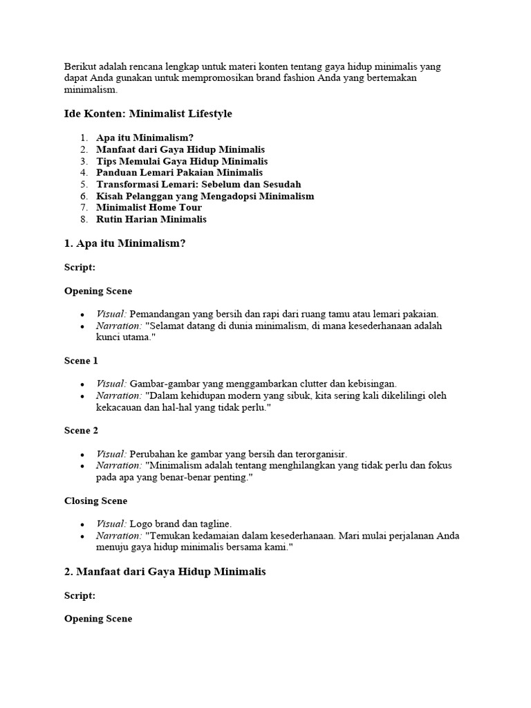 Ide Konten: Minimalist Lifestyle: Script: Opening Scene | PDF