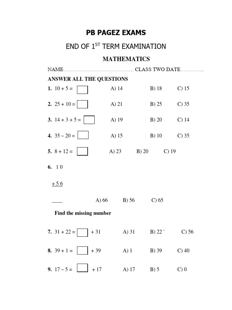 Class 2 Mathematics Exam Paper | PDF
