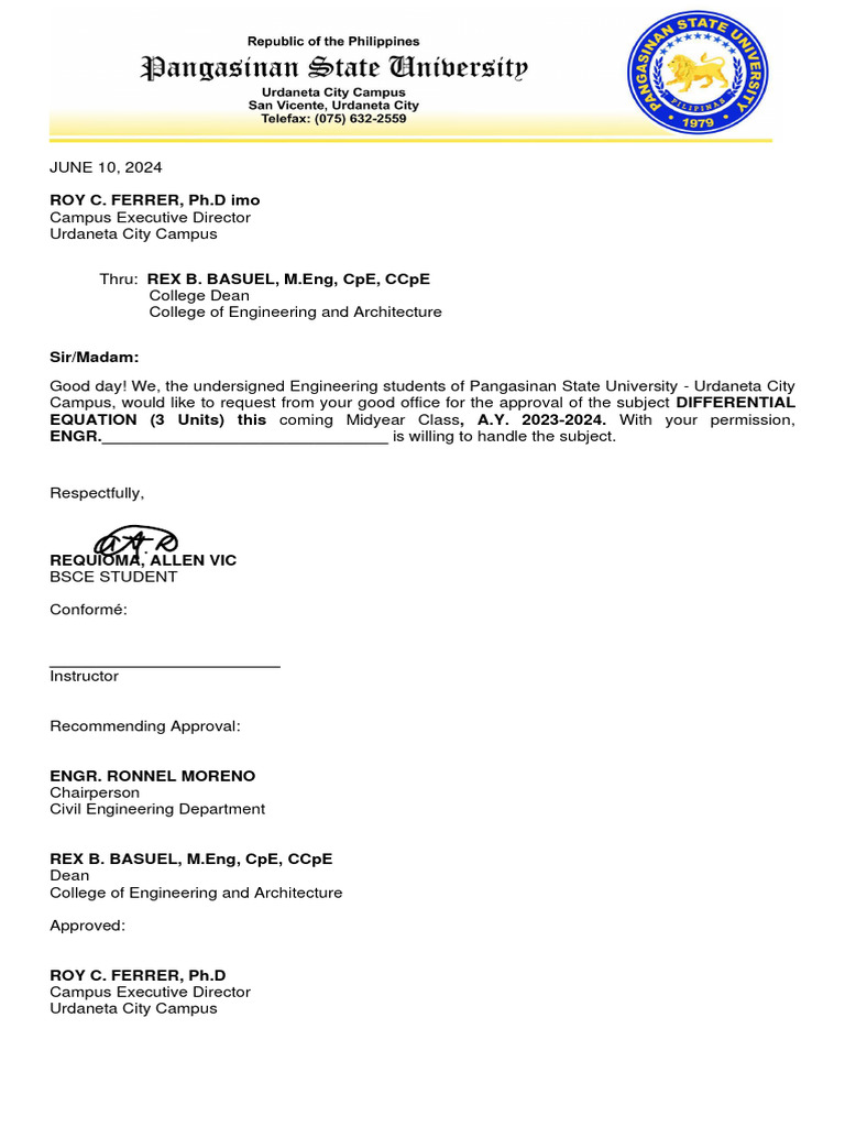 Defferential Equation Request Letter 2nd Sem A.Y. 2023 2024 1 | PDF