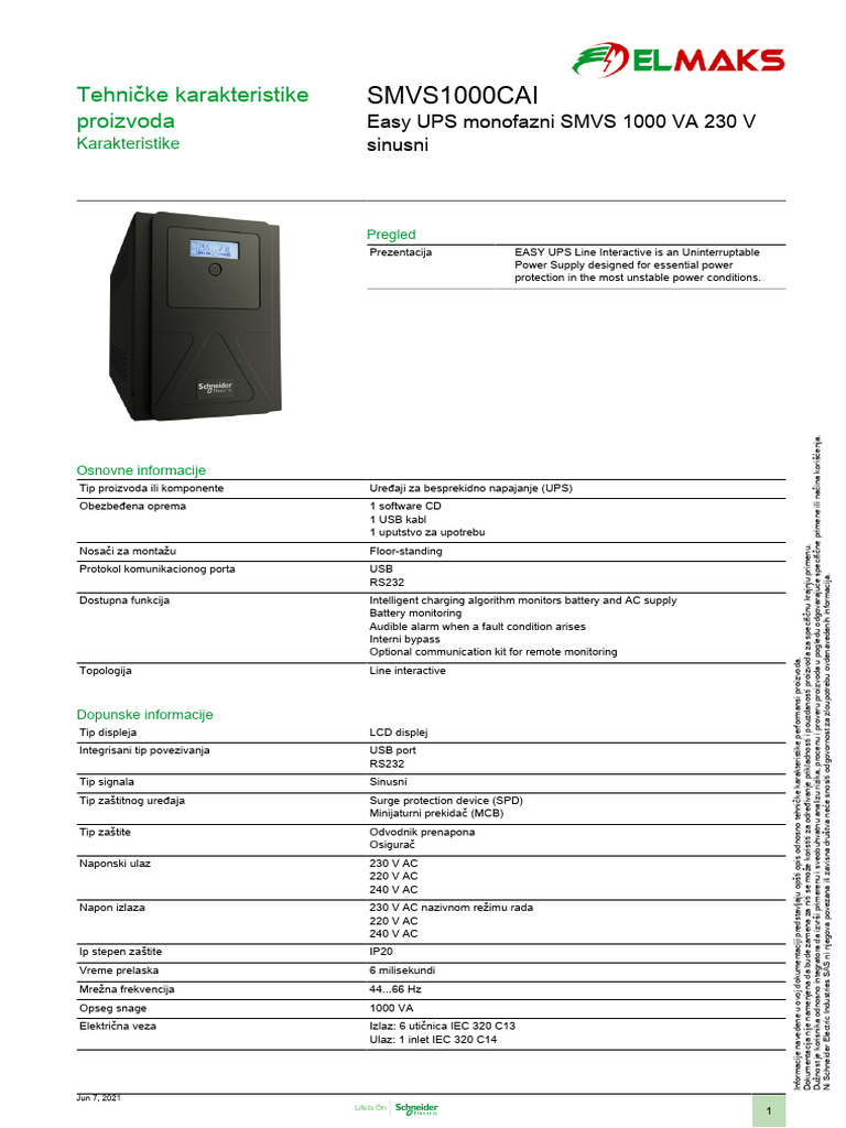 Ups Schneider SMVS1000CAI | PDF