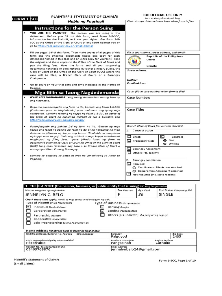 Small Claims Plaintiff's Statement Form | PDF | Lawsuit | Public Law