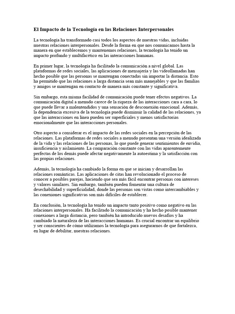 El Impacto de La Tecnologia en Las Relaciones Interpersonales | PDF ...
