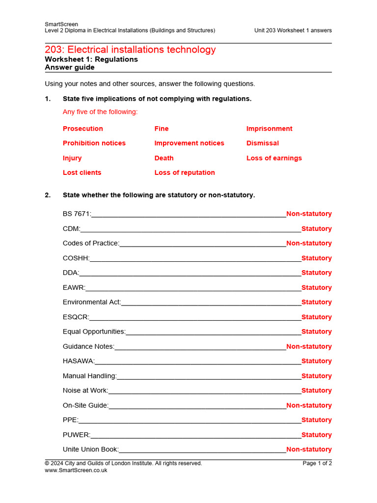 Unit 203 Electrical Installations Answers | PDF | Safety | Occupational ...