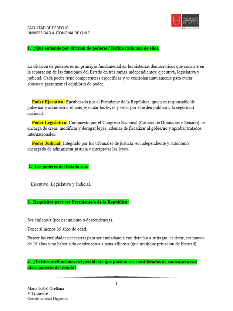 División de Poderes en Chile: Definición y Atribuciones | PDF ...
