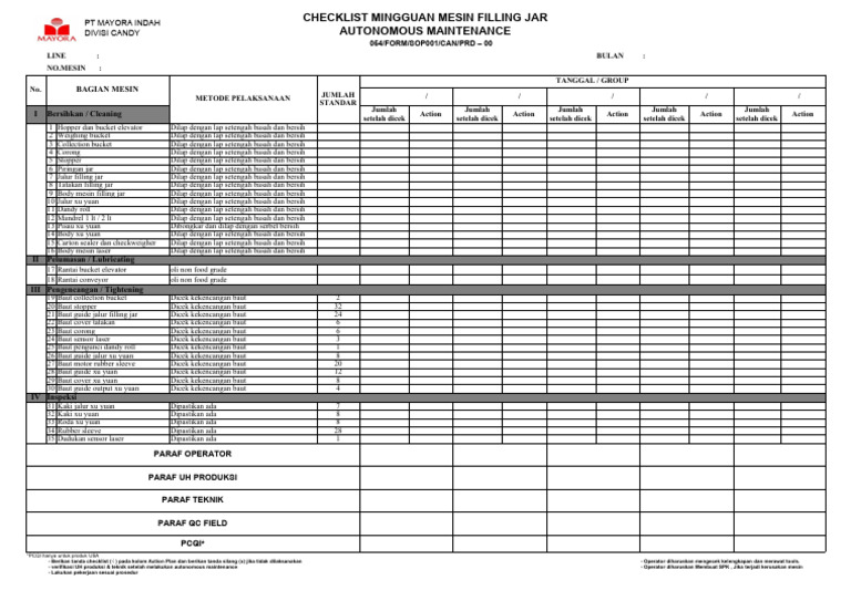 054 Form Cheklist Mingguan Mesin Filling Jar | PDF