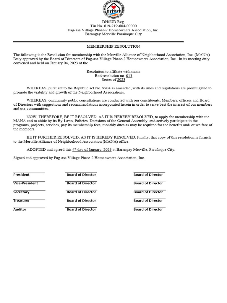 Membership Resolution | PDF | Board Of Directors | Corporate Law