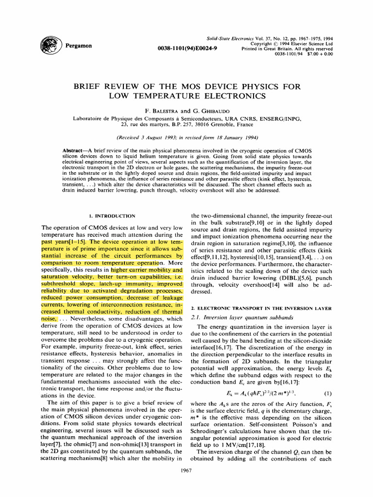 Review LOW TEMPERATURE ELECTRONICS | PDF | Mosfet | Field Effect Transistor