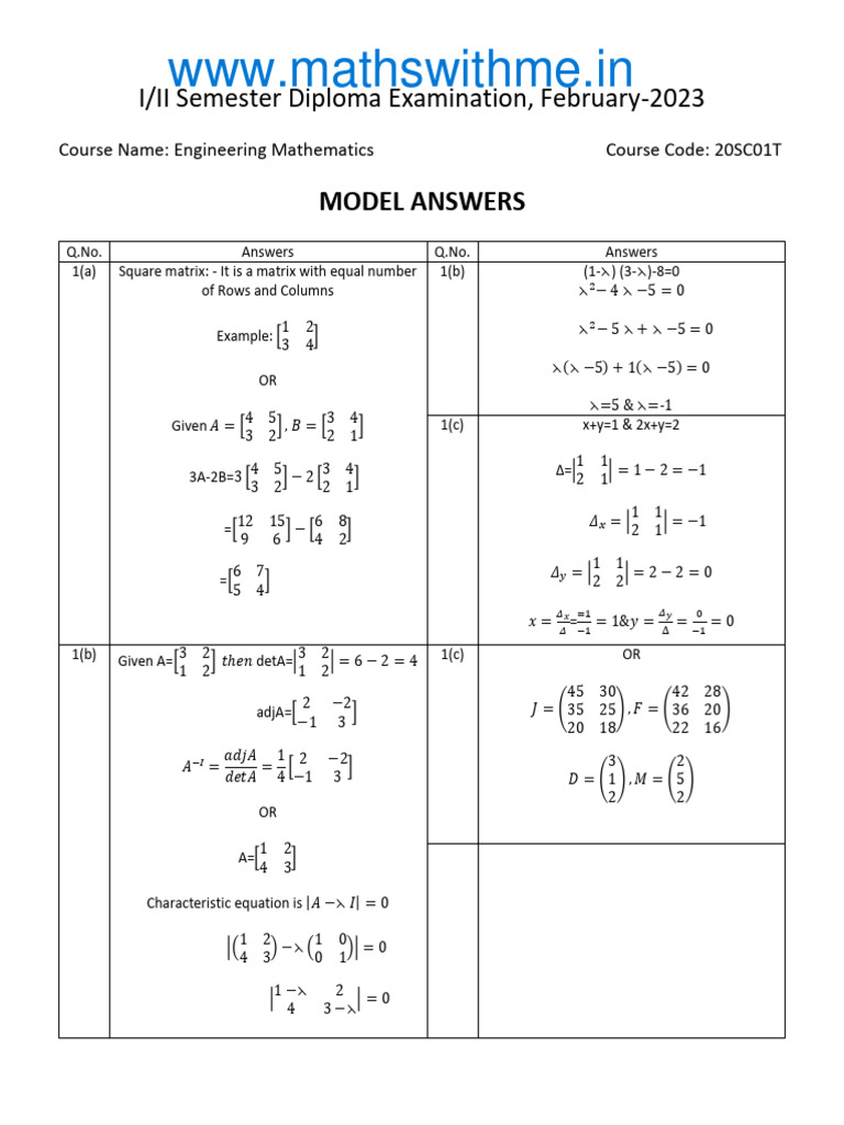 Engineering Mathematics Model Answers | PDF | Linear Algebra ...