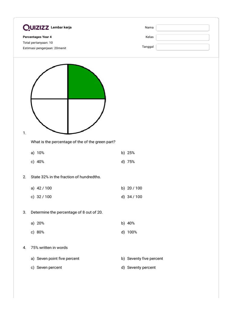 Year 4 Percentage Worksheet | PDF | Percentage | Mathematics