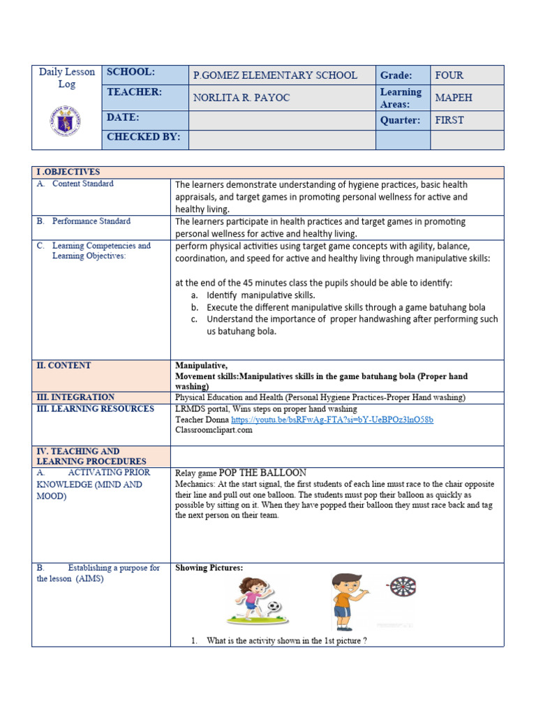 Grade 4 MAPEH Daily Lesson Plan | PDF | Learning | Teachers