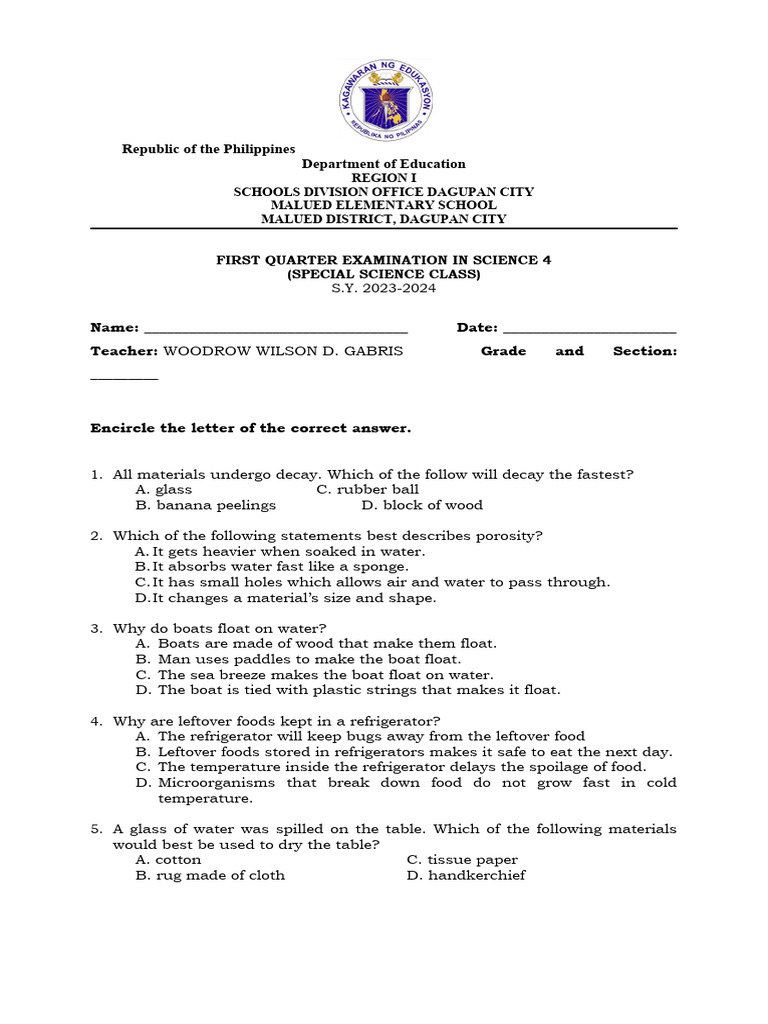 Science 4 First Quarter Exam Guide | PDF | Waste | Mixture