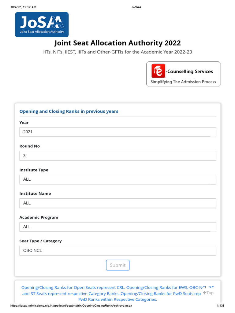 JoSAA OBC-NCL Opening and Closing Ranks | PDF | Engineering | Physical ...
